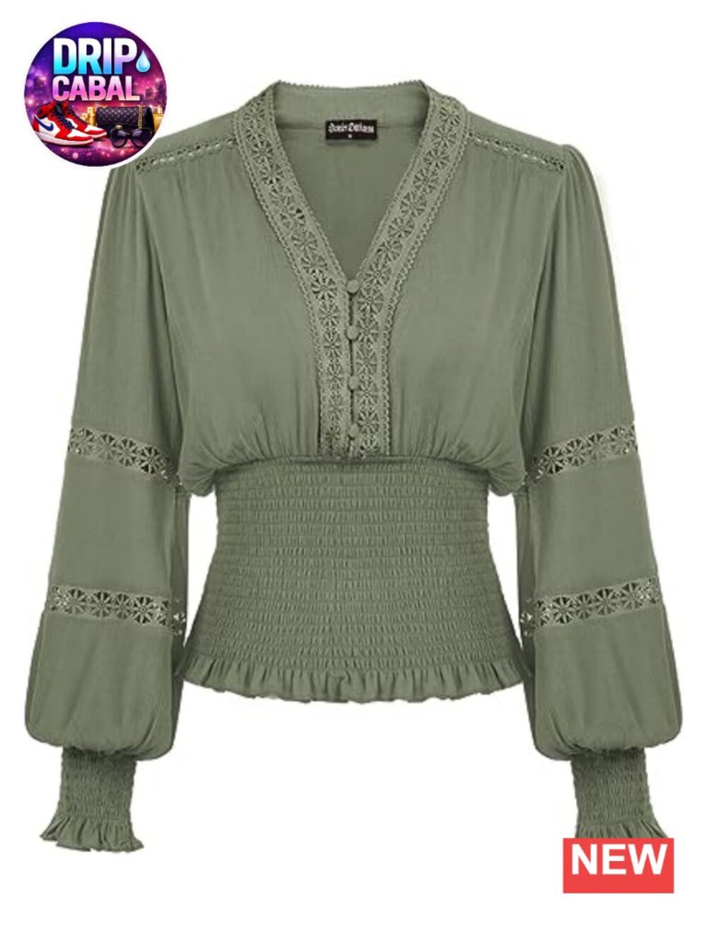 Renaissance Peasant Top V-Neck Lace Lantern Sleeve Smocked Waist Blouse